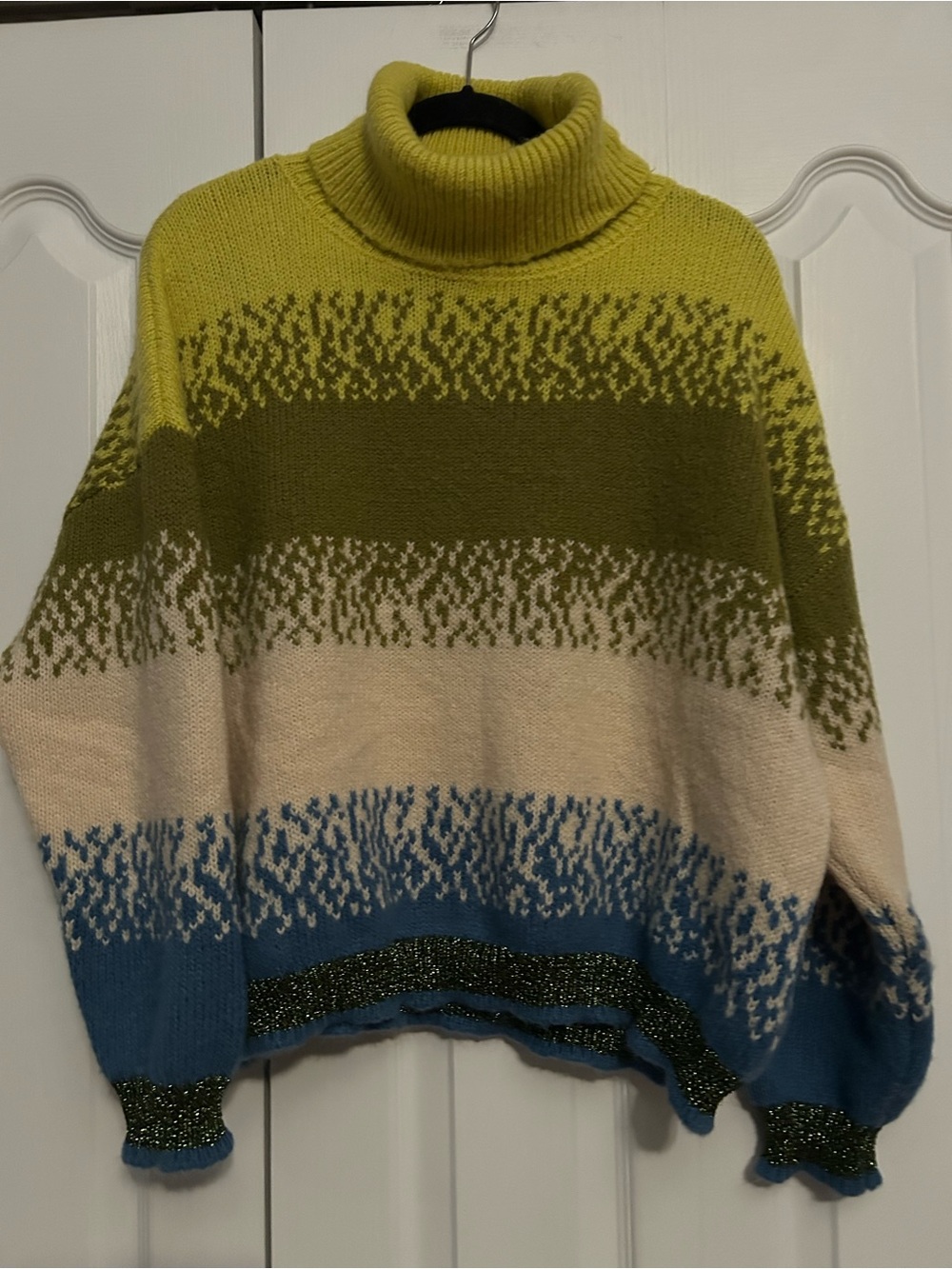 ESQUALO Striped Turtleneck Sweater in Lime, Olive, Cream & Blue wool blend